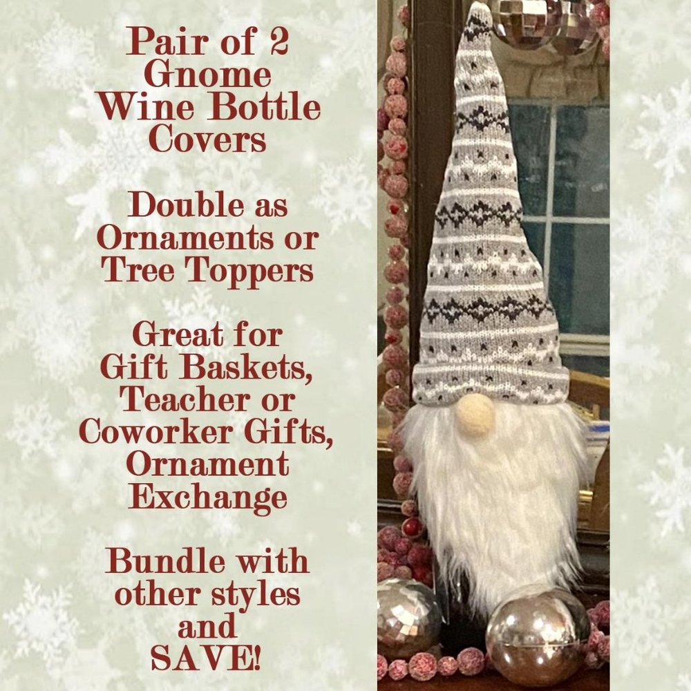 Set of 2 Gnome Wine Bottle Gift Cover for Baskets, Ornaments, Tree Topper
